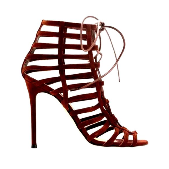 $1290 Gianvito Rossi Plum Maroon Suede Caged Lace-Up Strappy Heels size 38